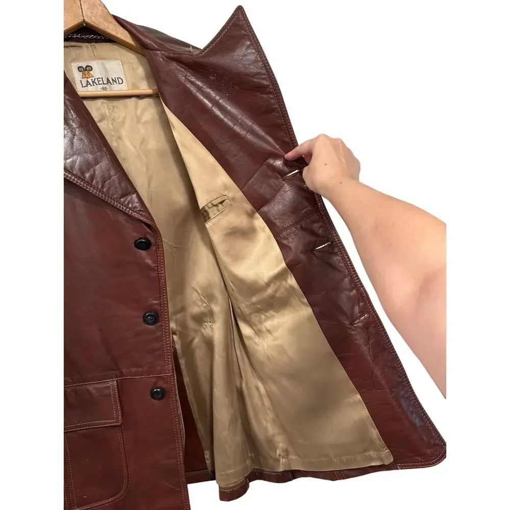 Huckberry Vintage M Wide Lapel Leather Jacket $499 70s Disco Coat Retro Brown 40
